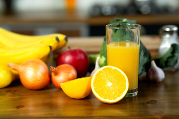 Fresh orange jiuce drink with fruits and vegetables for healthy drink, good health of fruits close up