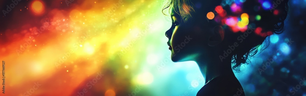 Aufkleber Vibrant visualization of a child glowing against a colorful background with light reflections in a dreamy atmosphere
