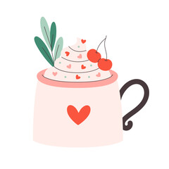 Holiday hot drinks with festive topping in cute mug. Creamy coffee, hot chocolate, hot cocoa. Perfect for celebration Valentine Day. Vector illustration in flat style