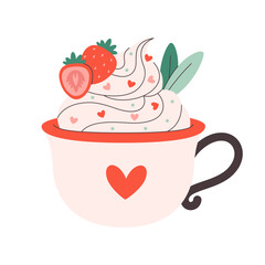 Holiday hot drink with festive topping in cute mug. Creamy coffee, hot chocolate, hot cocoa. Perfect for celebration Valentine Day. Vector illustration in flat style