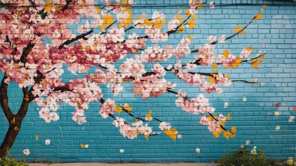 Fototapeta premium Vibrant mural of blooming cherry blossoms on a blue brick wall in an urban setting during the daytime