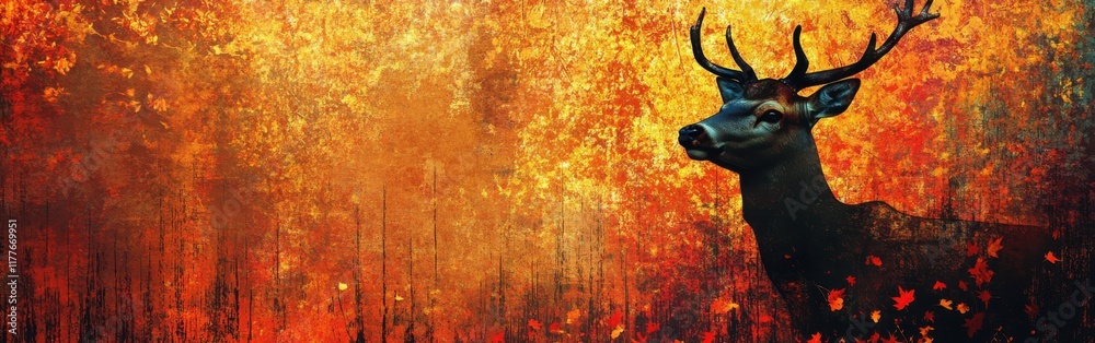 Poster silhouette of a glowing deer surrounded by vibrant autumn foliage in a tranquil setting at dusk