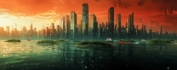 Fototapeta premium Futuristic Cityscape with Water Reflection and Dramatic Sunset
