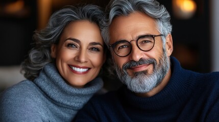 Engaging couple sharing a joyful moment indoors with warm smiles and stylish outfits during a cozy evening together