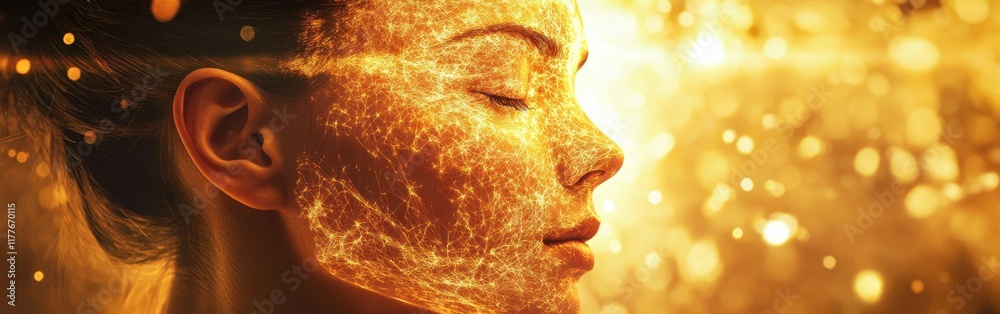 Poster surreal representation of a woman's face adorned with golden light and sparkling elements captures e