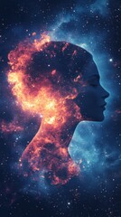 Surreal glowing representation of a woman amidst a cosmic backdrop during a dreamlike night