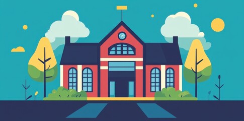 A Red Brick School Building Stands Amongst Trees and Clouds