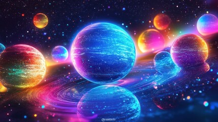 Colorful planets orbiting galaxy, digital art, space background, website banner