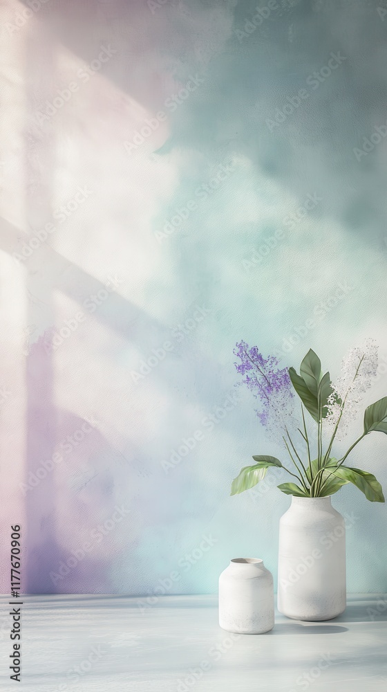 Poster smooth concrete texture in pastel shades with decorative vases and fresh flowers arranged for a sere