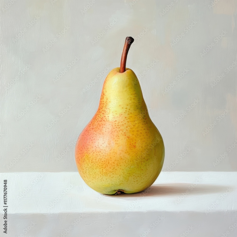 Aufkleber ripe yellow-green pear resting on a simple white surface with soft background lighting