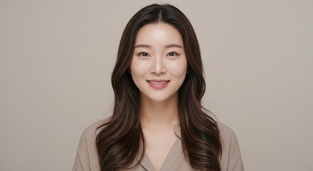 笑顔の美しいアジア人女性のポートレート、ベージュの背景