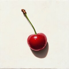 Ripe red cherry on light background highlighting its shiny texture and green stem during summer harvest season