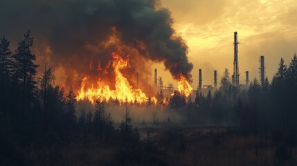 Obraz premium Forest Fire Threatens Industrial Area with Smoke and Flames