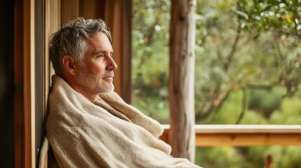 Serenity at dawn as a middle-aged man reflects in a peaceful retreat surrounded by nature