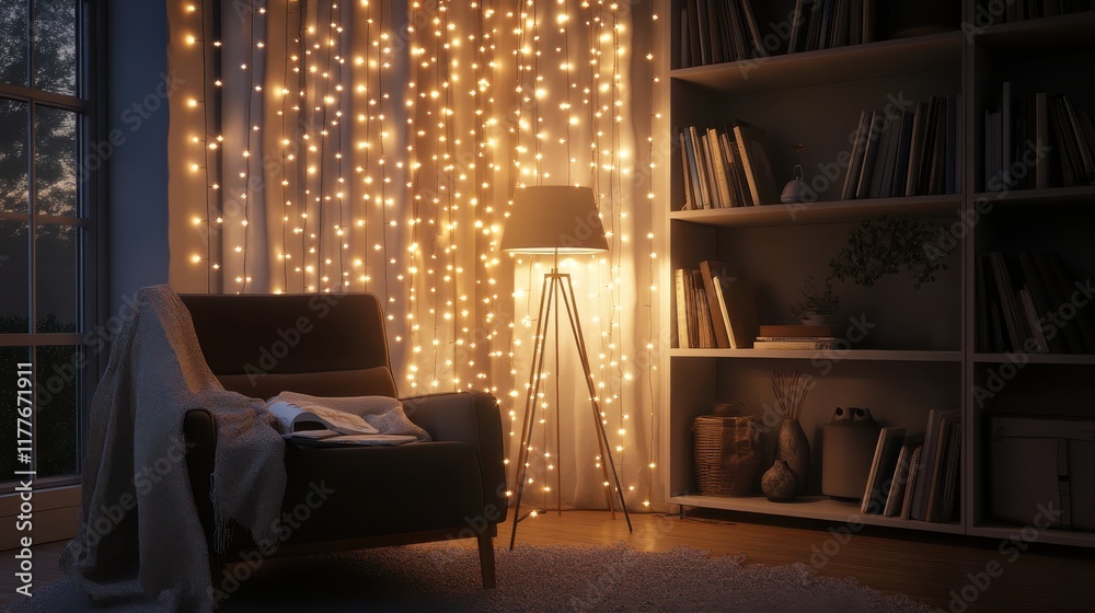 Aufkleber Cozy reading area with adjustable floor lamp and twinkling string lights in a warm atmosphere