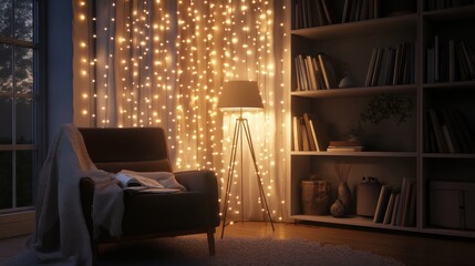 Cozy reading area with adjustable floor lamp and twinkling string lights in a warm atmosphere