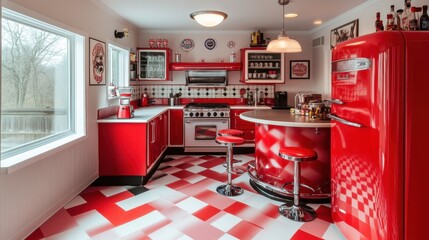 Retro diner-themed kitchen with checkered flooring showcasing vibrant red appliances and decor