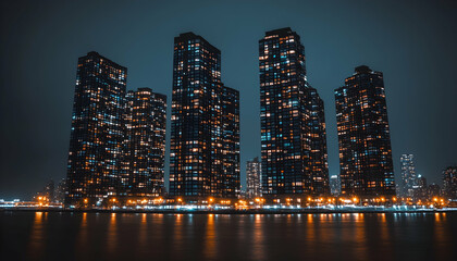 Fototapeta premium Stunning nighttime cityscape showcasing illuminated skyscrapers reflected in calm water. Perfect for urban, architecture, and travel themes.