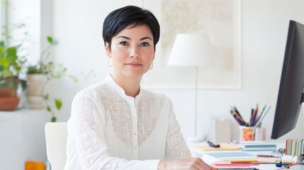 Professional woman with short black hair seated at a modern desk in a bright office space during daytime hours