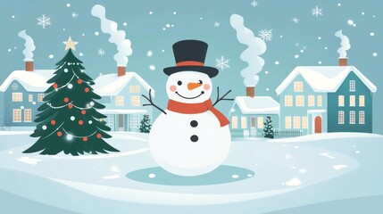 Festive snowman winter village Christmas card