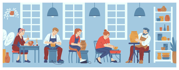 Illustration of an interior room where characters are in a pottery making class.