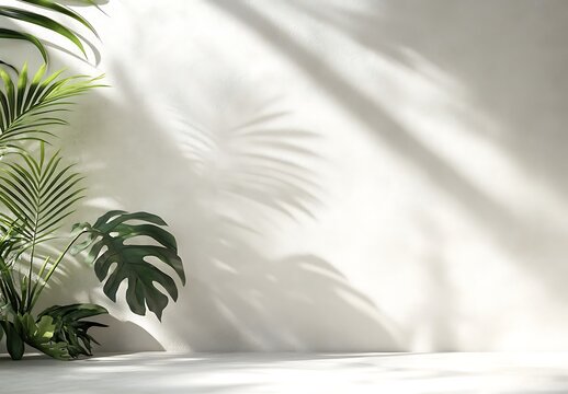 A white wall with a monstera leaf in the foreground, summer background