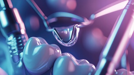 Dental implant concept. Dental 3D illustration. implant and dental instruments.