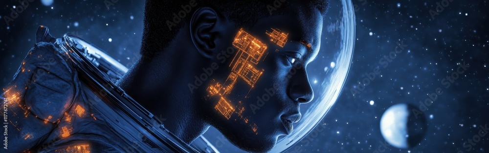 Poster mystical profile of a man in an astronaut suit illuminated by cosmic visuals and starry background