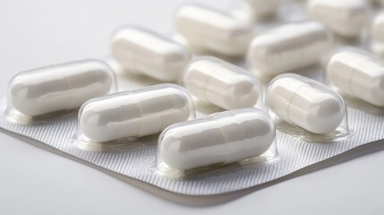 Aspirin capsules arranged on a blister pack showcasing a clean white background for pharmaceutical and health related themes