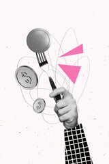 Vertical cartoon 3d art image photo collage of hand hold fork prick money coin dollar currency income success profit earrings