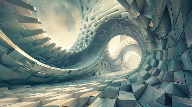 Explore an abstract visualization of the fourth dimension through stunning 3D structures and fluid forms. This artwork invites viewers into a captivating journey.