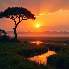 Obraz premium Savannah at dawn with sun rising over marshy landscape, golden hour, warm colors