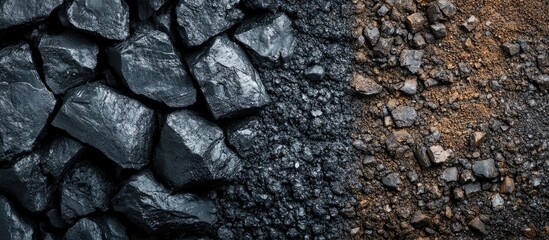 Black coal and iron ore particles with blank space for text on the left side suitable for industrial and mining related visuals