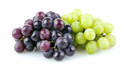Fototapeta premium Fresh organic green and black grapes arranged together on a clean white background showcasing natural beauty and vibrant colors.