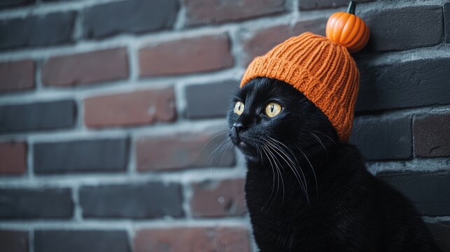 Black cat with pumpkin hat sitting against brick wall empty space for text Halloween theme