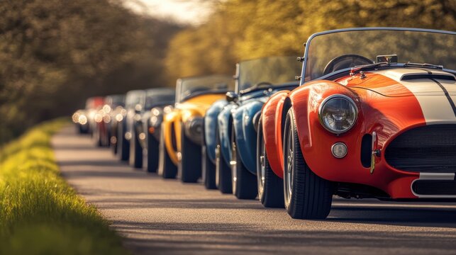 Fototapeta Colorful classic cars line the road in a vintage car rally during a sunny afternoon