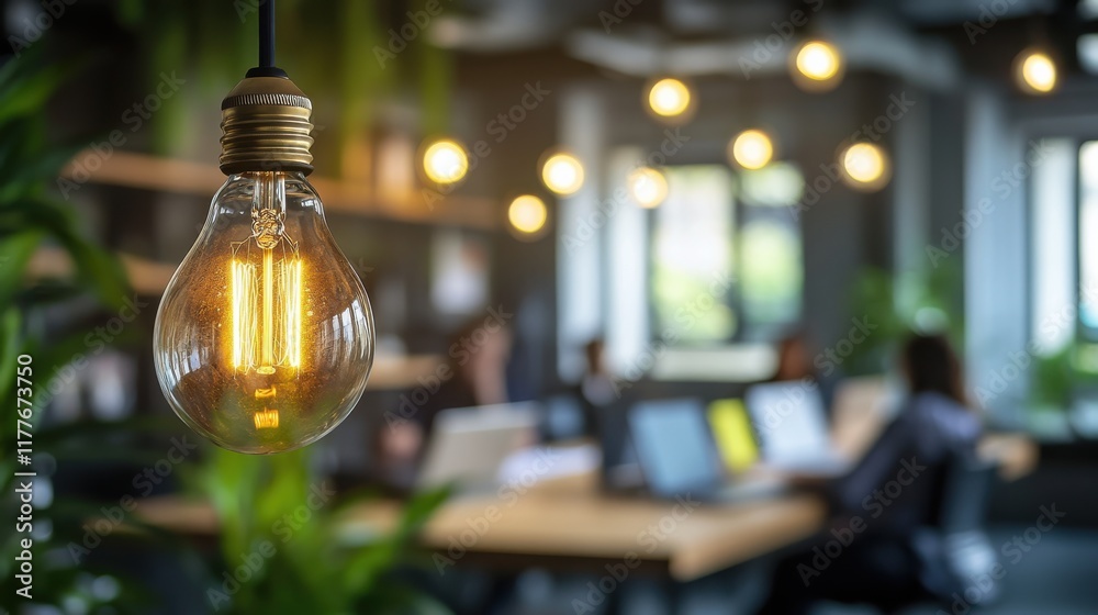 Poster glowing light bulb with intricate filaments illuminating modern workspace during day