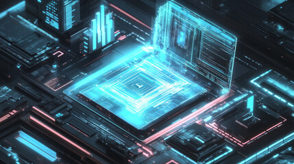 Obraz premium Hologram key. The laptop is an isometric view. Future technology. Information security technology