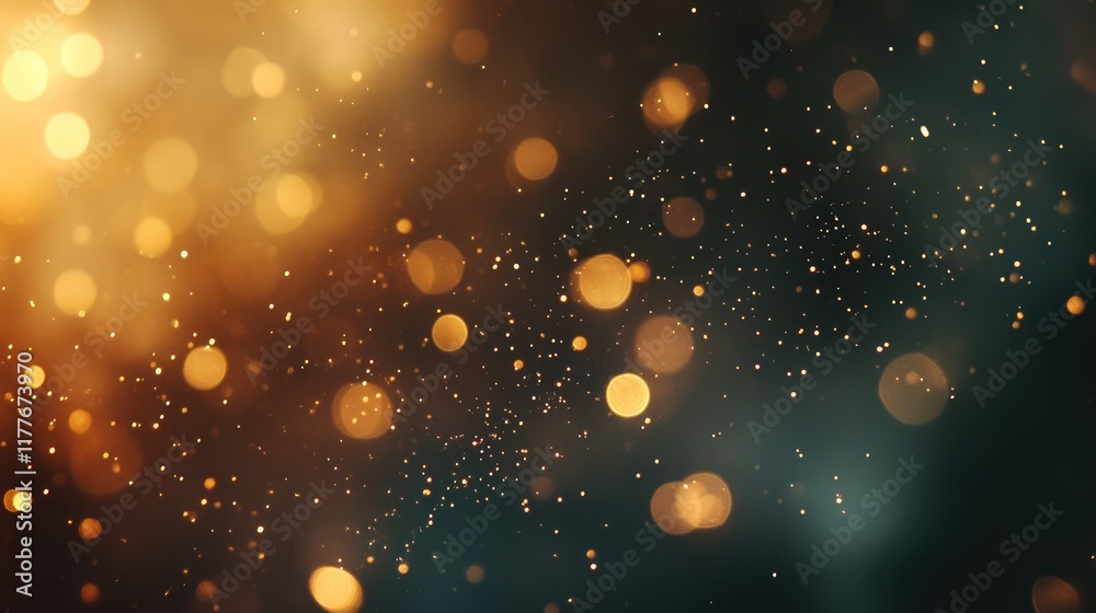 Poster bokeh light abstract background with shimmering golden particles creating a dreamy and festive atmos