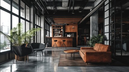 Industrial chic lounge featuring a modern bar and lush foliage in a stylish urban setting