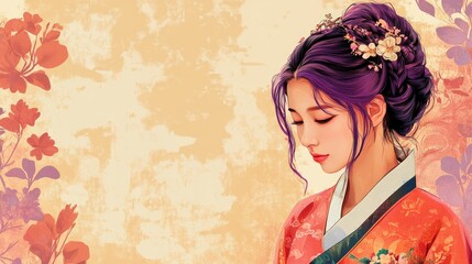 Fototapeta premium Traditional Korean Hanbok with Purple Hair Teenager Retro Advertising Space Digital Art Floral Background
