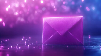 A vibrant purple envelope glows against colorful bokeh background, creating magical atmosphere