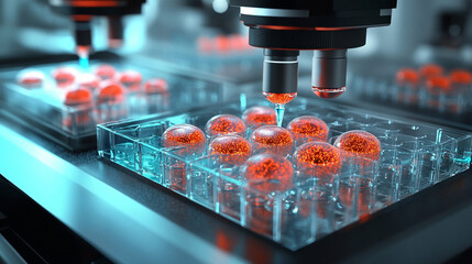 Microscope examining cultured cells in lab for in vitro drug testing
