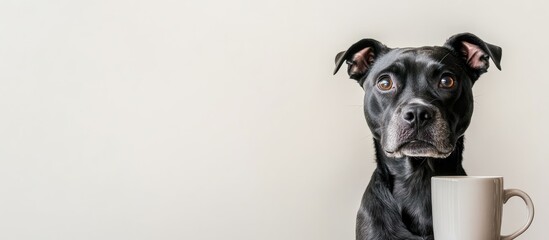 Black coffee mug with an adorable dog on a white background offering ample copyspace for text and branding opportunities.
