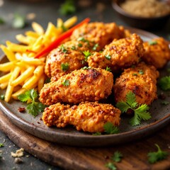 Fototapeta premium A mouthwatering stock photo featuring crispy fried chicken and golden french fries, perfect for food blogs, menus, and advertisements.
