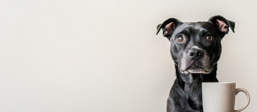 Black coffee mug with an adorable dog on a white background offering ample copyspace for text and branding opportunities.