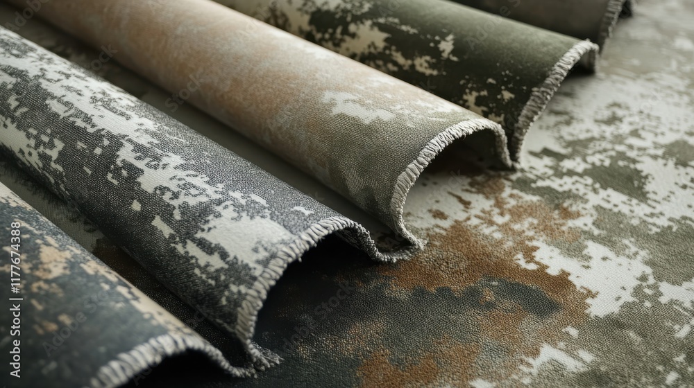Poster distressed metallic design in olive green showcasing various fabric patterns and textures