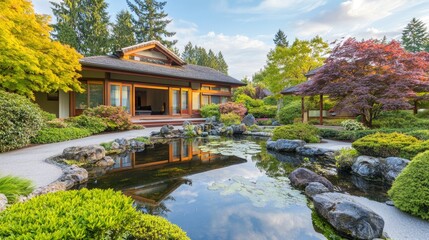 Obraz premium Serene Asian Villa Enveloped by Lush Garden and Tranquil Pond in a Picturesque Natural Setting