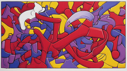 Fototapeta premium Vibrant abstract artwork featuring bold red, purple, and yellow shapes; a hidden white cat adds a playful touch to this modern, energetic design. Ideal for websites, print, and home décor.