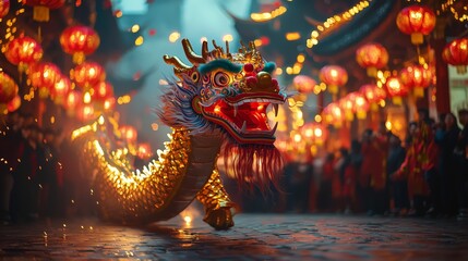 Fototapeta premium Vibrant Dragon Dance During Festival in Lantern Adorned Street
